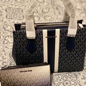 Michael Kors Jet Set MK Signature Logo Satchel Crossbody Blue/Silver Set! NWTS
